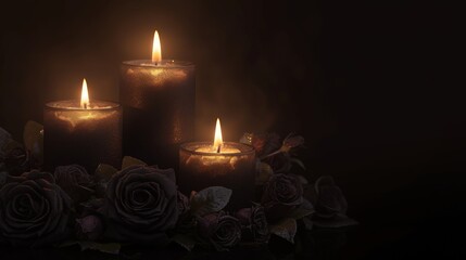 Three candles and black roses, piercing, concept of grief, funeral, background place for text