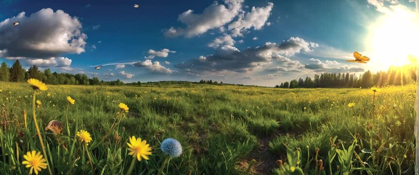 Witness the serene elegance of a meadow carpeted with a profusion of bright yellow flowers, painting the landscape with a burst of color in captivating 4K video loop.