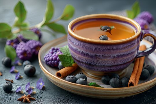 a cup of tea with cinnamon, berries and a cinnamon stick in it, in the style of light purple and black, detailed foliage, natural fibers, smooth and polished. Generative AI