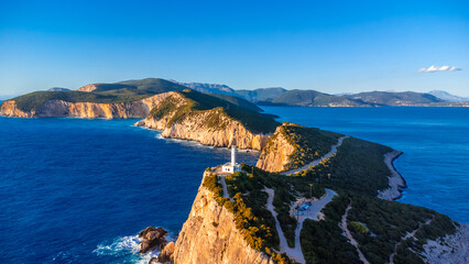 Aerial view of the Lighthouse or Cabo Ducato Lefkas in the southern area of the island of Lefkada....