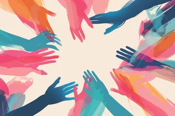 Foto op Plexiglas colorful hands illustration, colorful hands representing equality, equality concept with colorful hands, unite concept, Group raised human arms and hands,  Diversity people, Racial equality © MH