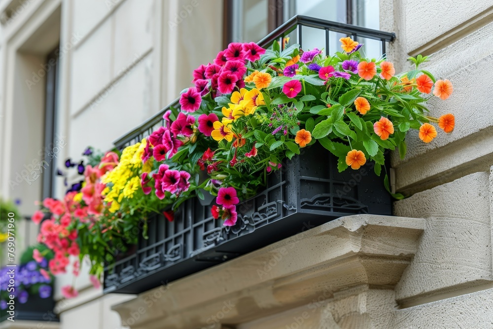 Poster A vibrant window box brimming with a rainbow of flourishing flowers, adding a pop of color next to a building