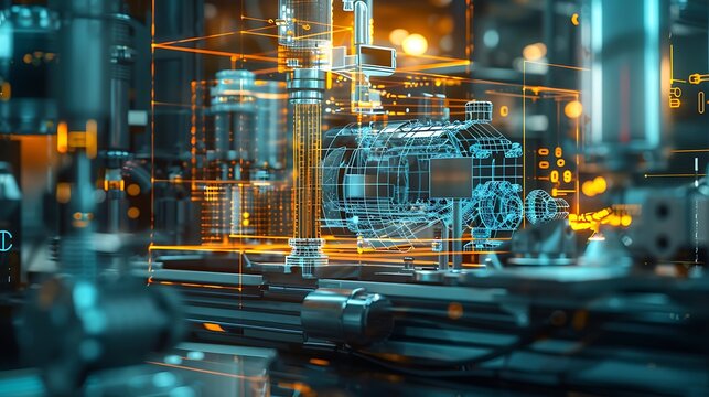 A holographic 3D model of a complex mechanical system for engineering review, business, holograms, blurred background