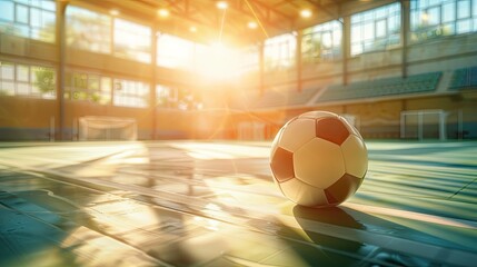 A soccer ball in a gymnasium. Sports banner. Can be used for advertising, marketing or presentation. - 769072194