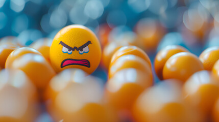 Angry emoticon on the orange balls. The concept of human emotions.