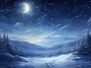 serene snowy landscape illuminated by the soft glow of the moon, with delicate snowflakes gently falling from the sky. The ground is blanketed in pristine white snow,