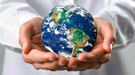 A man holds a realistic model of a globe in the palms of his hands. The globe with continents and the world's oceans. Concept of preserving the planet's environment and developing green energy. - 769072324