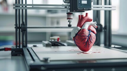 Printing a realistic heart model on a 3D printer. Biotechnological innovations in medicine. Modern cardiology. Medicine of the future. Illustration for banner, poster, cover, brochure or presentation. - obrazy, fototapety, plakaty