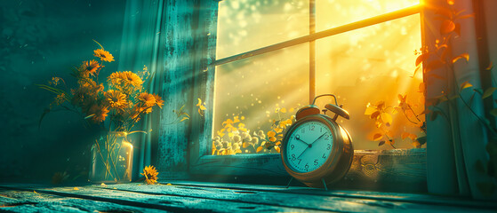 Vintage Alarm Clock Surrounded by Autumn Leaves, Time Change Concept with Retro and Seasonal Elements, Cozy Home Decor