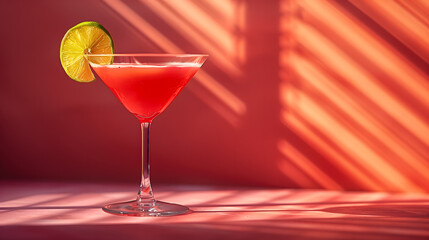 A cosmopolitan cocktail accented with a lime wheel, bathed in the warm red glow of ambient lighting.
