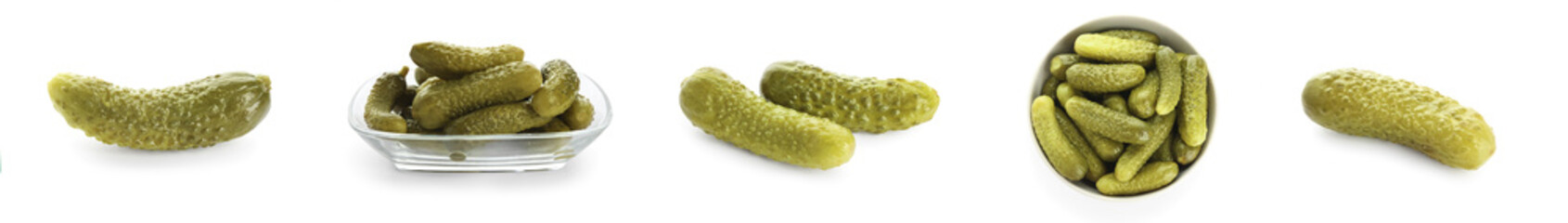 Set of tasty pickled cucumbers isolated on white - obrazy, fototapety, plakaty