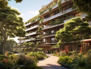 Fototapeta na wymiar striking building with lush gardens on its ground floor, creating a harmonious blend of architecture and nature. Vibrant greenery cascades from terraces and balconies, 