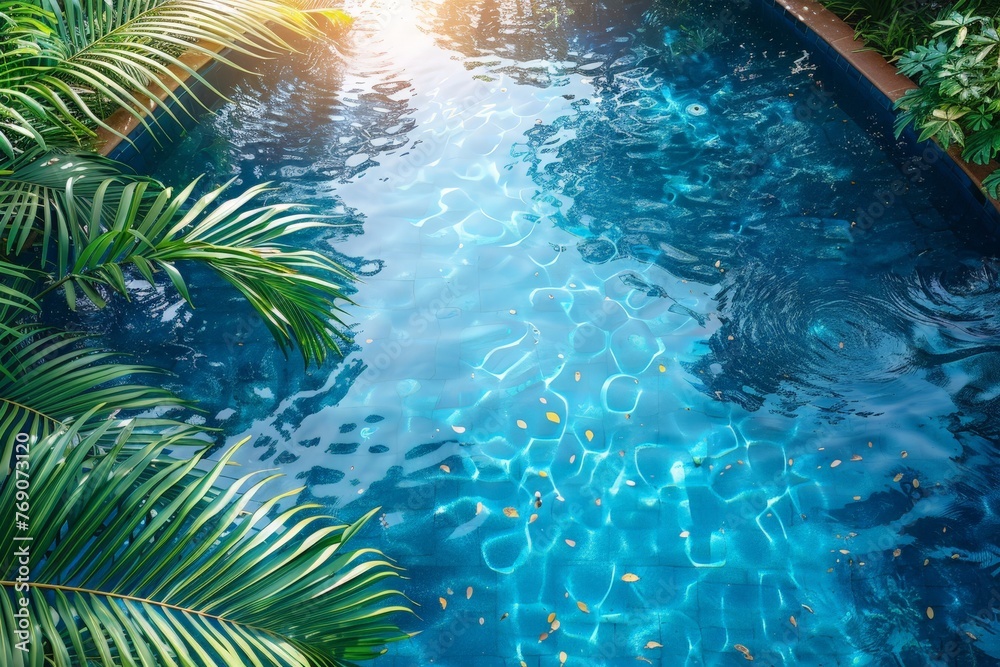 Poster serene swimming pool surrounded by lush palm trees and crystal clear water, creating a tranquil oasi