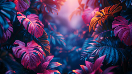 Abstract neon background tropical monstera leaves - obrazy, fototapety, plakaty