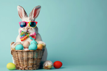 A rabbit wearing sunglasses and a bow tie holding a basket of Easter eggs. The rabbit is sitting on a blue background