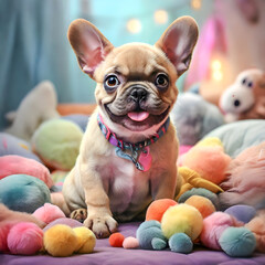 Fototapeta na wymiar An adorable French Bulldog puppy with big, expressive eyes and floppy ears, sitting on a cushion surrounded by colorful toys