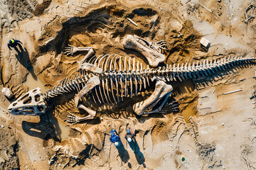 paleontology concept - paleontologists and archaeologists and a huge dinosaur skeleton