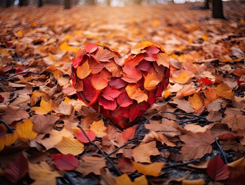charming image featuring a decorative red heart nestled among vibrant autumn leaves. The heart stands out against the warm hues of the fallen foliage, 