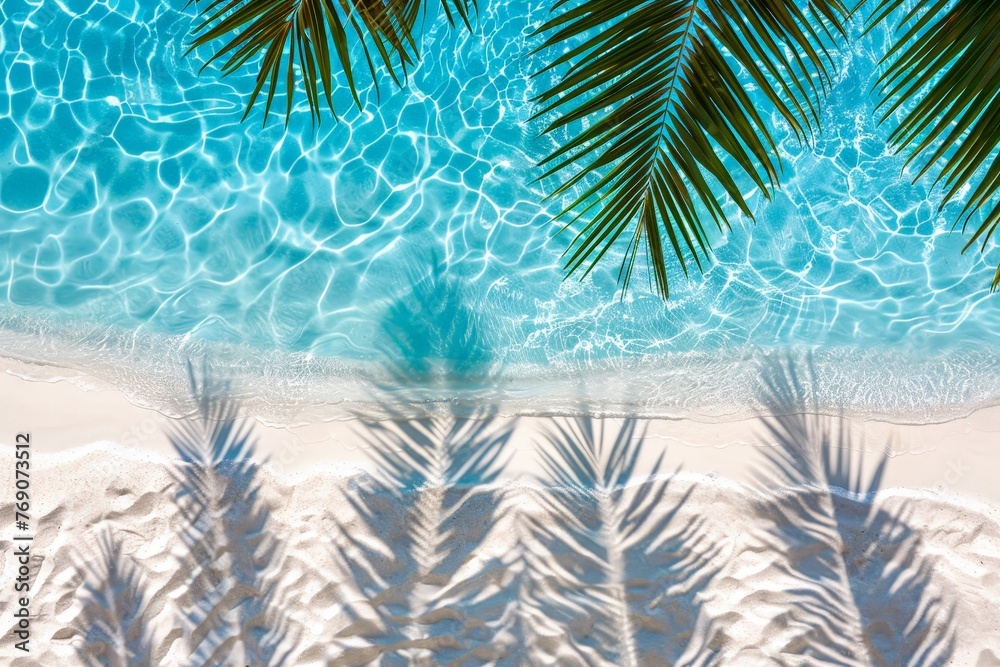 Poster a majestic palm tree gracefully casts its shadow on the sandy beach, creating a mesmerizing play of 