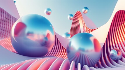 3D rendering. Pink and blue geometric shapes with spheres. Futuristic landscape. Abstract background.