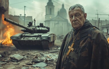 clergyman with golden cross around neck on background of ruined city and tank - obrazy, fototapety, plakaty