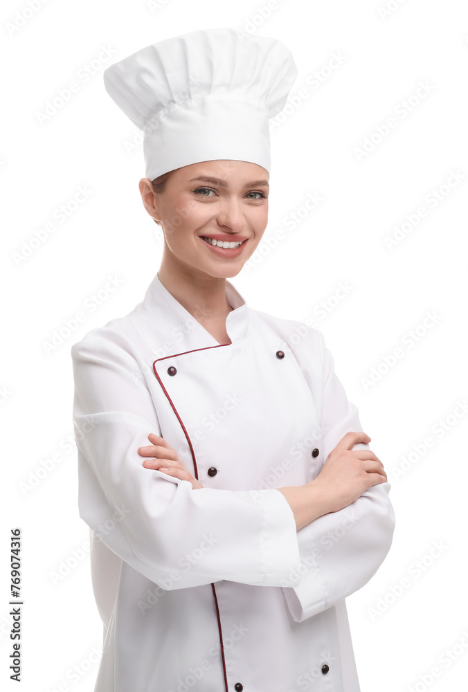 Canvas Prints Happy woman chef in uniform on white background