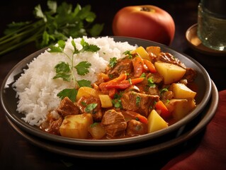 tantalizing pork curry simmering in a fragrant blend of spices, filling the air with mouthwatering aromas. Tender chunks of pork mingle with vibrant vegetables like potatoes, carrots, 