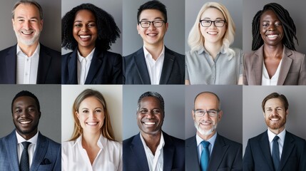 Collage of an ethnically diverse group of smiling businessmen and businesswomen against a gray background