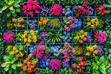 A variety of vibrant flowers have been artfully arranged and attached to a wall, creating a beautiful tapestry of colors and textures - obrazy, fototapety, plakaty