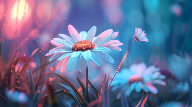 Neon daisies in a surreal digital dreamscape