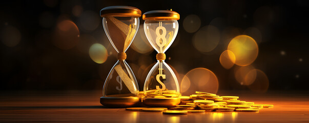 The sands of time dropping in an hourglass beside ascending piles of coins against a dark theme abstract bokeh light background
 - obrazy, fototapety, plakaty