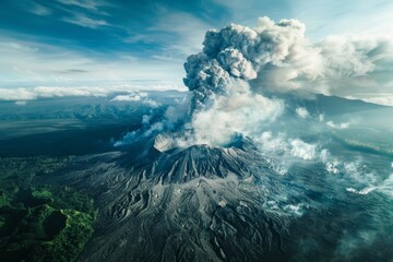 A volcano erupting with smoke, creating a cloud in the sky - obrazy, fototapety, plakaty