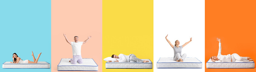 Set of people resting on soft mattresses against color background