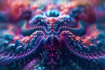 Psychedelic image of geometric creatures in other dimensions inspired by DMT or LSD visions. Concept Psychedelic Art, Geometric Creatures, Other Dimensions, DMT Visions, LSD Inspirations