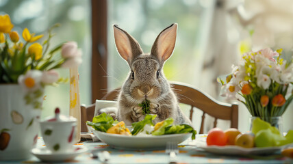 Obraz premium Cute Easter bunny eating Easter meal at table decorated with Easter and seasonal spring decorations and flowers. Cute Easter background, greeting card.