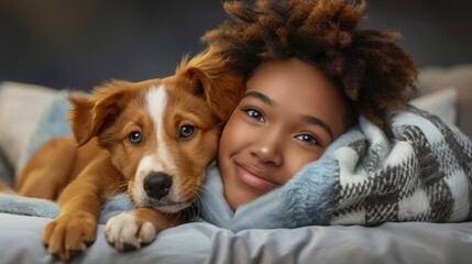 A young black woman and adorable puppy, wrapped in a cozy blanket, enjoying music and hugs on a comfortable sofa.