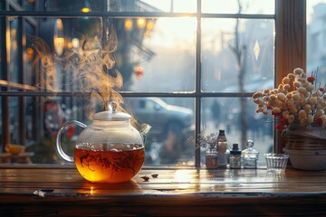steam steaming tea on a wooden cabinet table with window, in the style of lens flare. Generative AI - obrazy, fototapety, plakaty