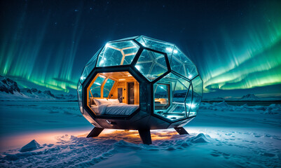 transparent pod-like structure with a bed inside, placed on snow. The background features the Northern Lights. - 769075573