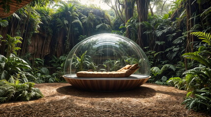 spherical pod with a transparent roof is situated in the middle of a forest. It contains a white bed with two pillows and a white duvet. The pod is made of wood and has a round window on one side - 769075706