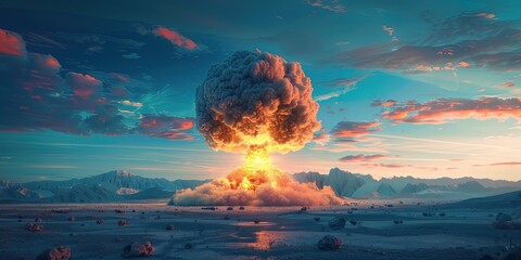 A nuclear bomb explodes into a mushroom cloud