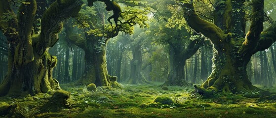An ancient forest comes to life with towering trees, their gigantic trunks and sprawling branches enveloped in a misty glow, creating an ethereal scene.. - obrazy, fototapety, plakaty