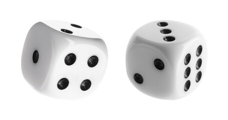 Two dice in air on white background