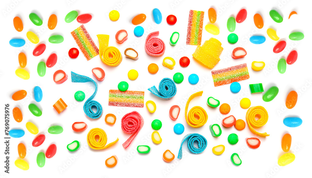 Sticker Different tasty candies isolated on white, top view