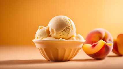 Close-up of peach ice cream scoops with peach in a bowl