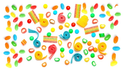 Poster Different tasty candies isolated on white, top view © New Africa