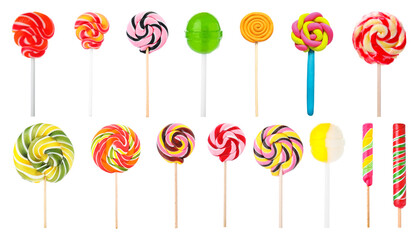 Different colorful lollipops isolated on white, set