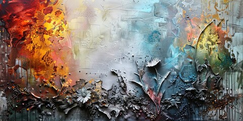 Abstract painting, metal elements, texture background, plants and flowers