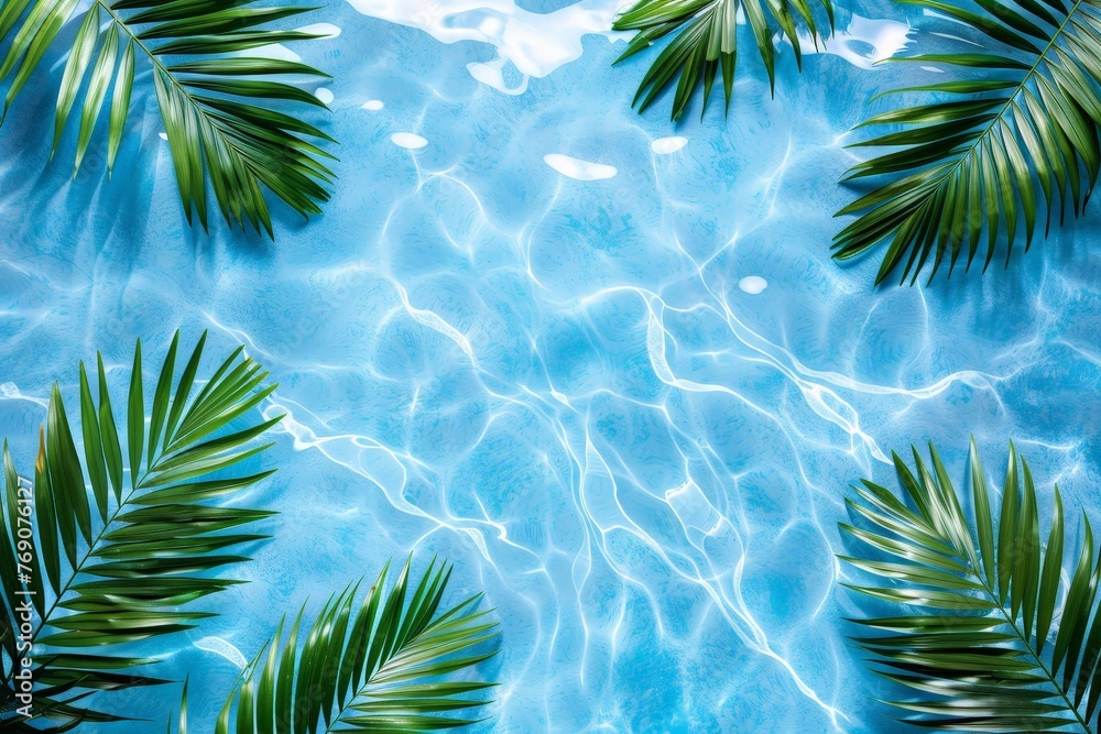 Poster a serene pool shimmering in the sunlight, adorned with vibrant palm leaves gently floating on the wa