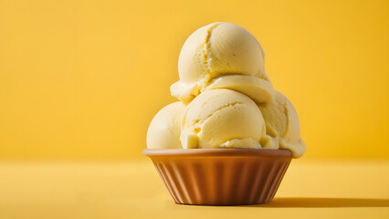 Close-up of banana ice cream scoops in a bowl on a yellow background