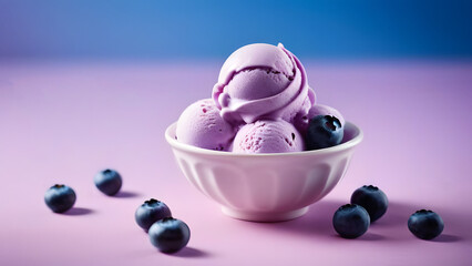 Close-up of blueberry ice cream scoops with blueberries in a bowl